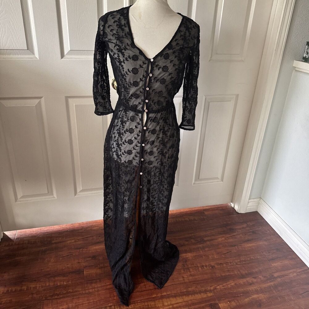 Long Lace Cardigan Dress Cover Up Womens Black Size Small Floral Whimsygoth